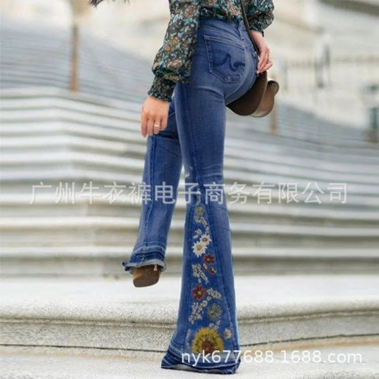 Ladies Jeans Wide Leg Trousers Embroidered Bell-Bottoms