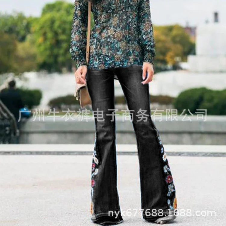 Ladies Jeans Wide Leg Trousers Embroidered Bell-Bottoms