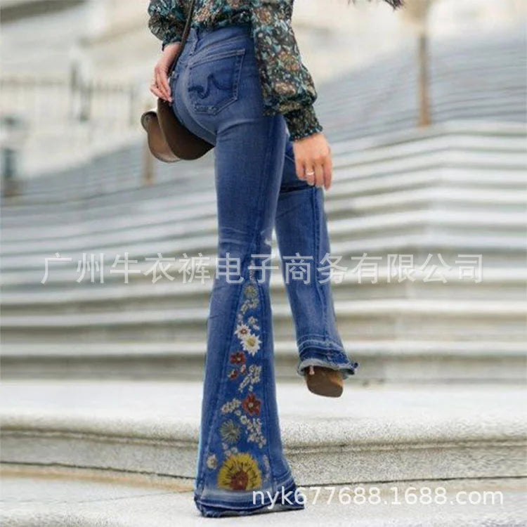 Ladies Jeans Wide Leg Trousers Embroidered Bell-Bottoms