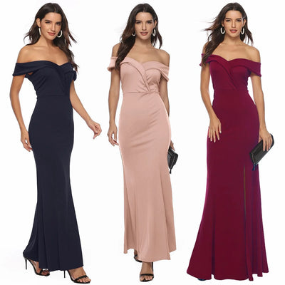 V Neck Slit Dress Banquet Evening Dress Long Skirt
