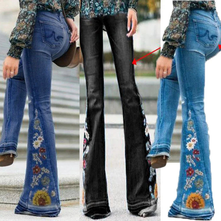 Ladies Jeans Wide Leg Trousers Embroidered Bell-Bottoms