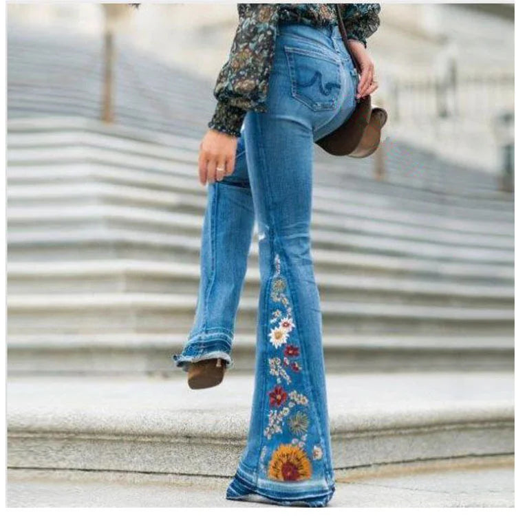 Ladies Jeans Wide Leg Trousers Embroidered Bell-Bottoms