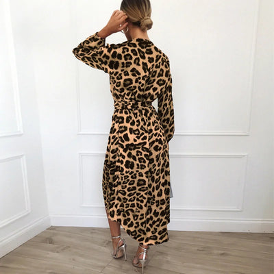 Leopard Print V-neck Lace-up Dress