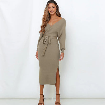Knit Dress Slim V Neck Sweater Skirt