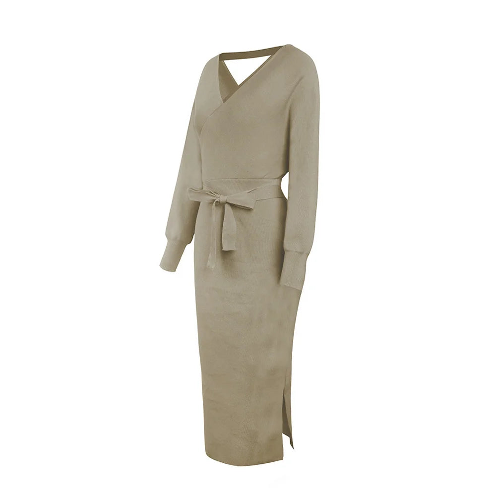 Knit Dress Slim V Neck Sweater Skirt