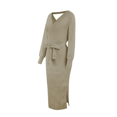 Knit Dress Slim V Neck Sweater Skirt