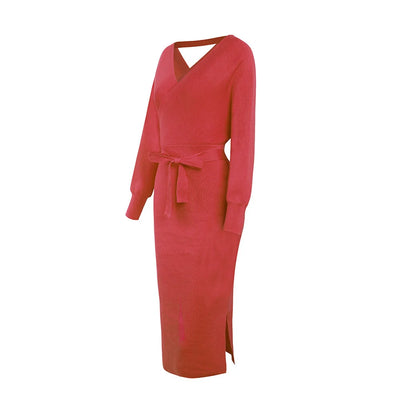 Knit Dress Slim V Neck Sweater Skirt
