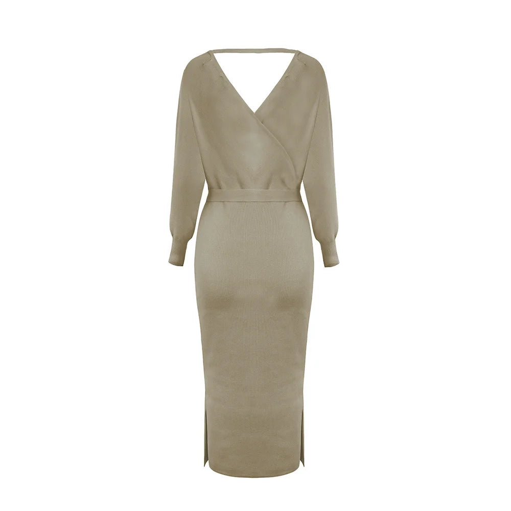 Knit Dress Slim V Neck Sweater Skirt