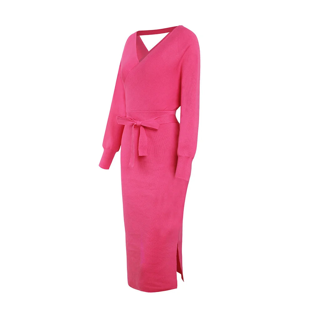 Knit Dress Slim V Neck Sweater Skirt