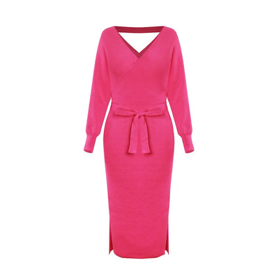Knit Dress Slim V Neck Sweater Skirt