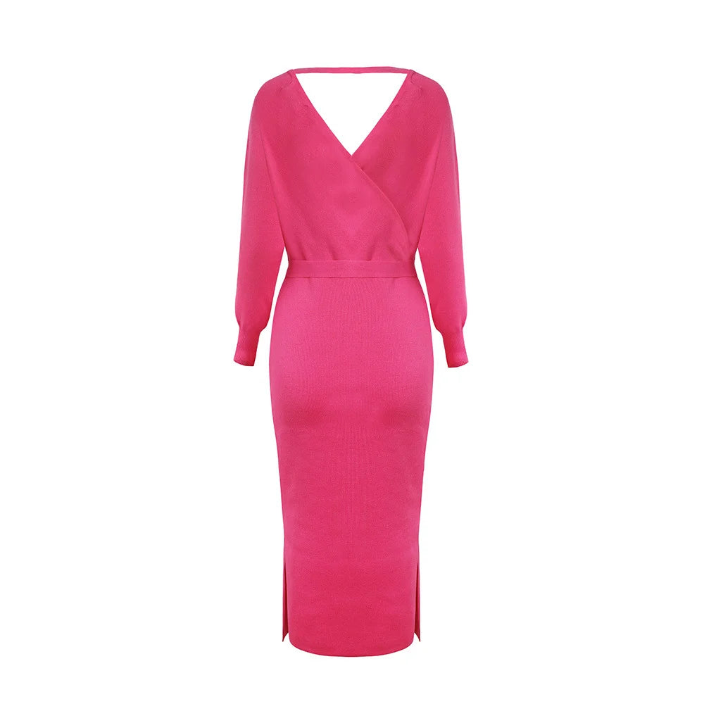 Knit Dress Slim V Neck Sweater Skirt