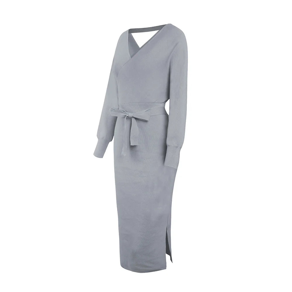 Knit Dress Slim V Neck Sweater Skirt