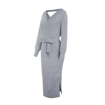 Knit Dress Slim V Neck Sweater Skirt