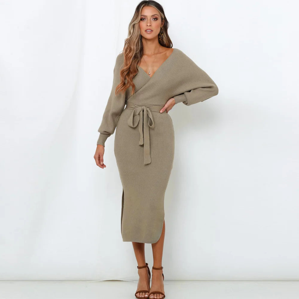 Knit Dress Slim V Neck Sweater Skirt