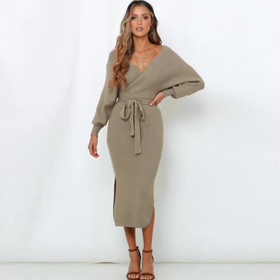 Knit Dress Slim V Neck Sweater Skirt