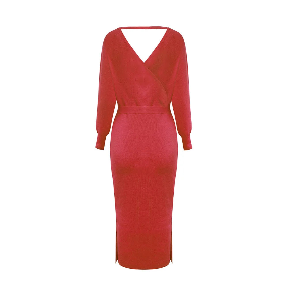 Knit Dress Slim V Neck Sweater Skirt