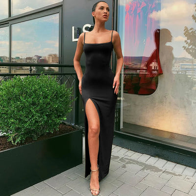 Summer Suspender Neckline Slim Open Back Sexy Slit Dress