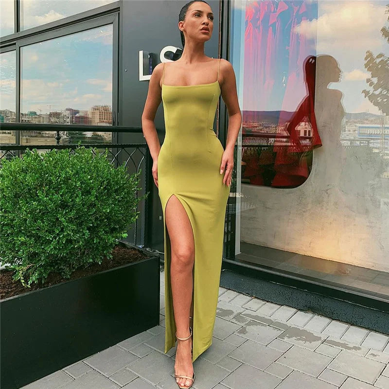 Women’s Suspender Neckline Slim Open Back Sexy Slit Dress