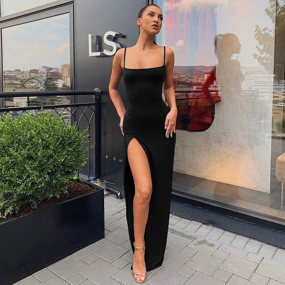 Women’s Suspender Neckline Slim Open Back Sexy Slit Dress