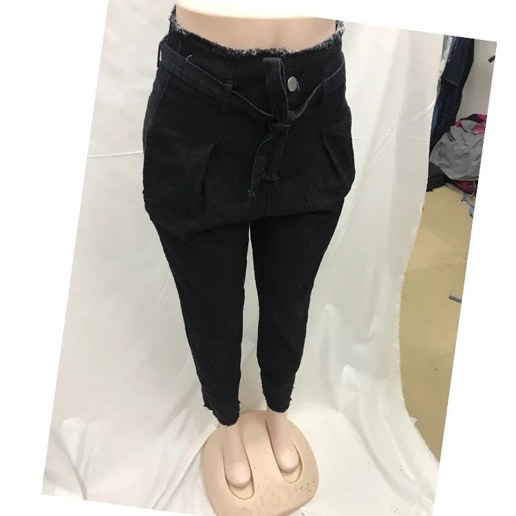 New Wish Loose Rope Tight Waist Holes Jeans Casual Pants Women