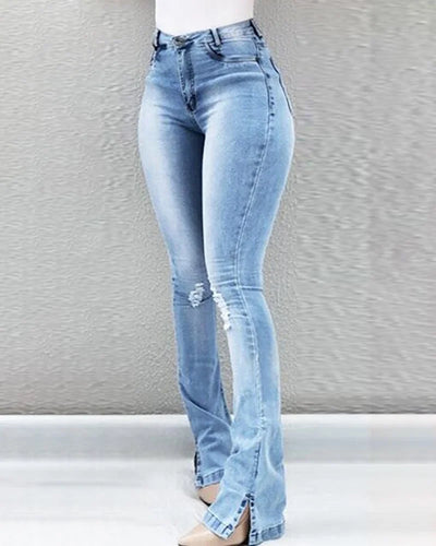 Fashion Stretch Split Horn High Waisted Jeans