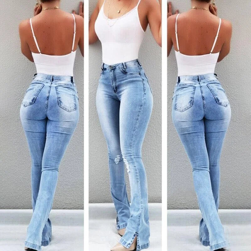 Fashion Stretch Split Horn High Waisted Jeans