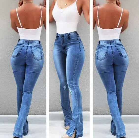 Fashion Stretch Split Horn High Waisted Jeans