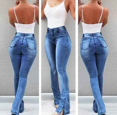 Fashion Stretch Split Horn High Waisted Jeans