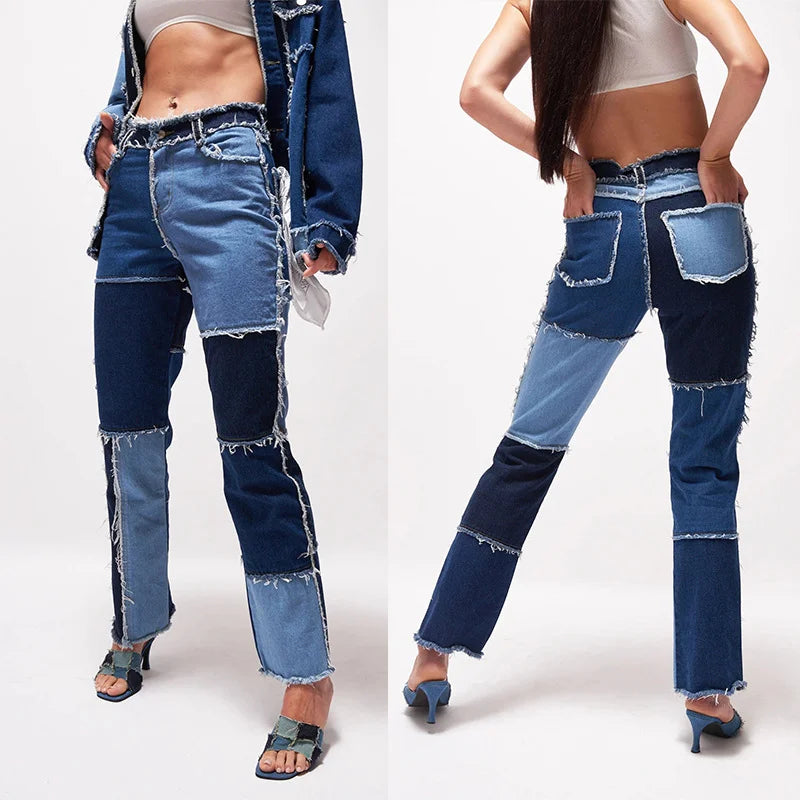 Slim Fit Straight Leg Mixed Panel Jeans Pants