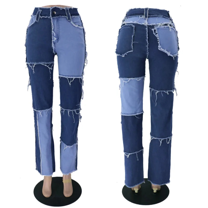 Slim Fit Straight Leg Mixed Panel Jeans Pants