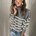 Knitwear High Neck Pullover Strap Buckle Striped Sweater Women