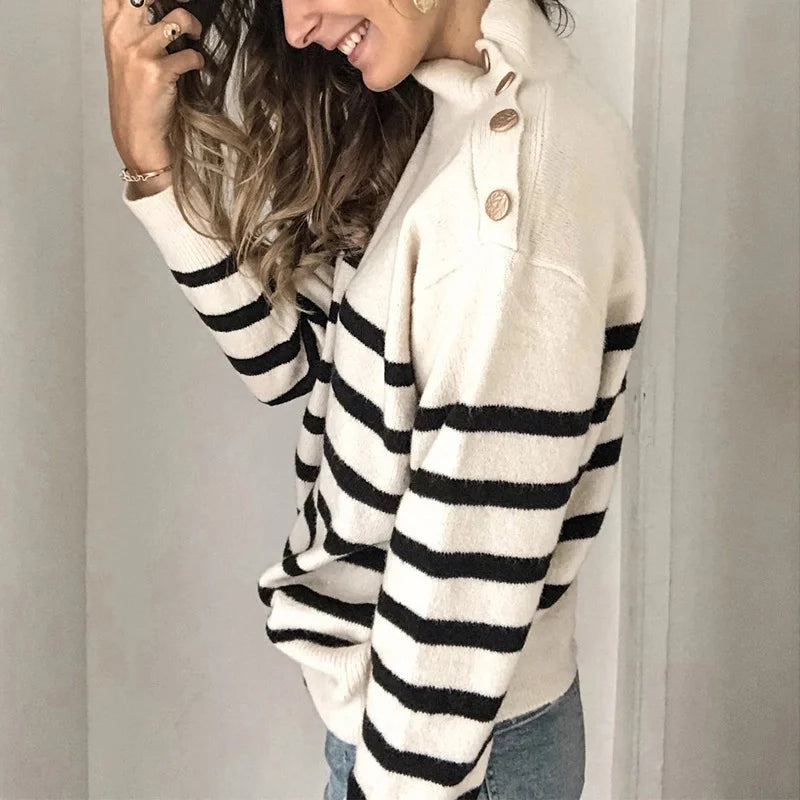 Knitwear High Neck Pullover Strap Buckle Striped Sweater Women