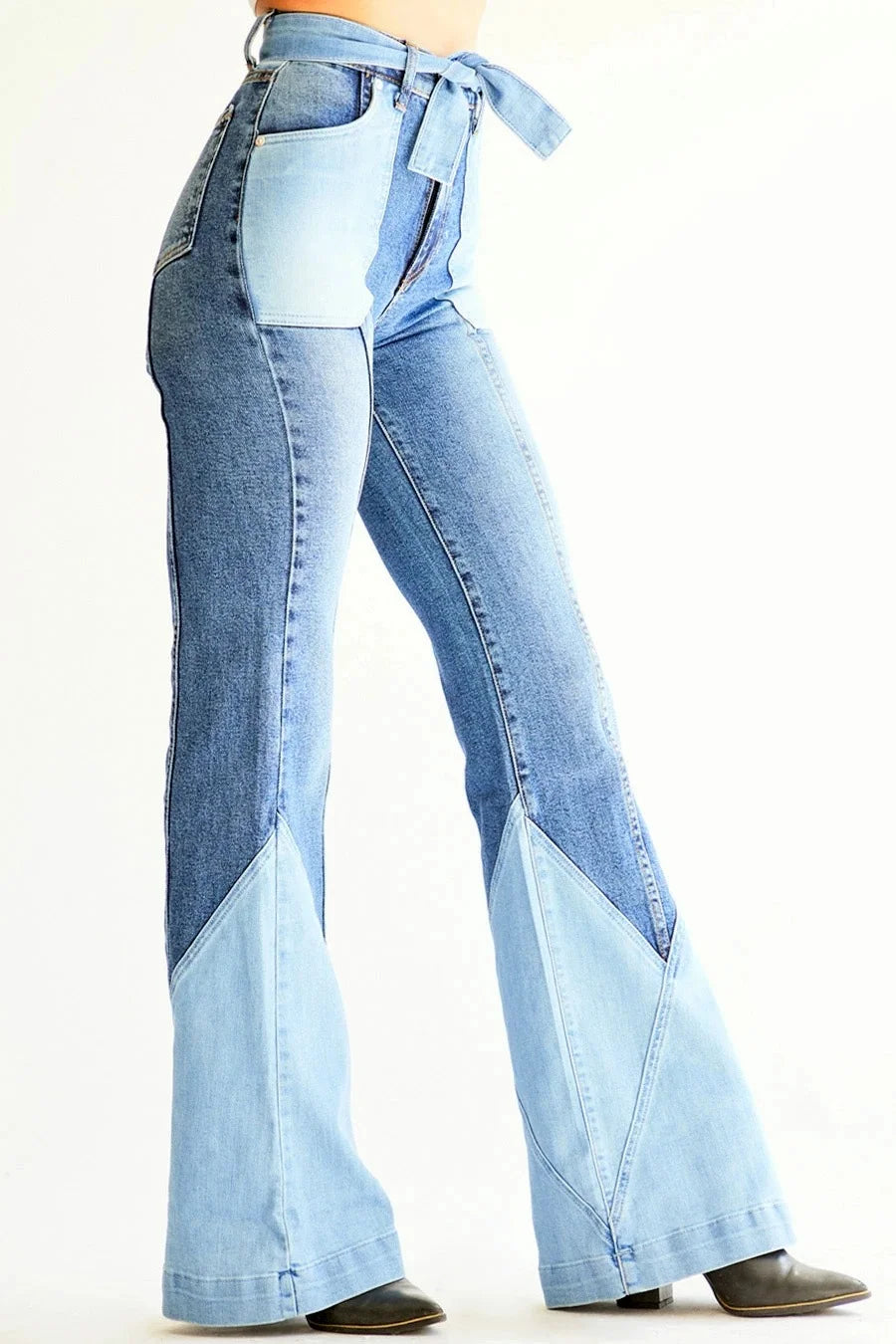 Vintage Two Tone Patchwork Waist Denim Flare Jeans