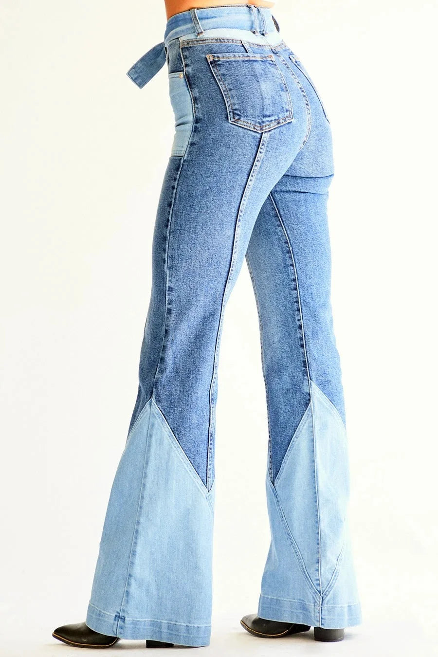 Vintage Two Tone Patchwork Waist Denim Flare Jeans