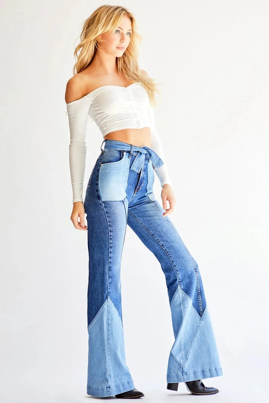 Vintage Two Tone Patchwork Waist Denim Flare Jeans