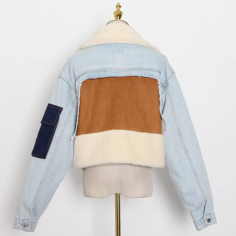 Lambswool Short Coat Women’s New Fashion Stitched Loose Thickened Casual Denim Top