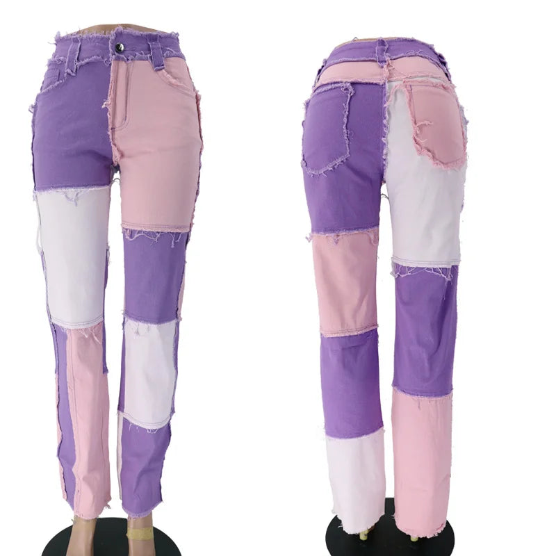 Slim Fit Straight Leg Mixed Panel Jeans Pants
