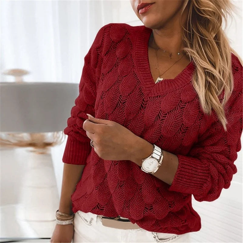 Knitted Sweater with Feathers and V-Neckline Long Sleeve