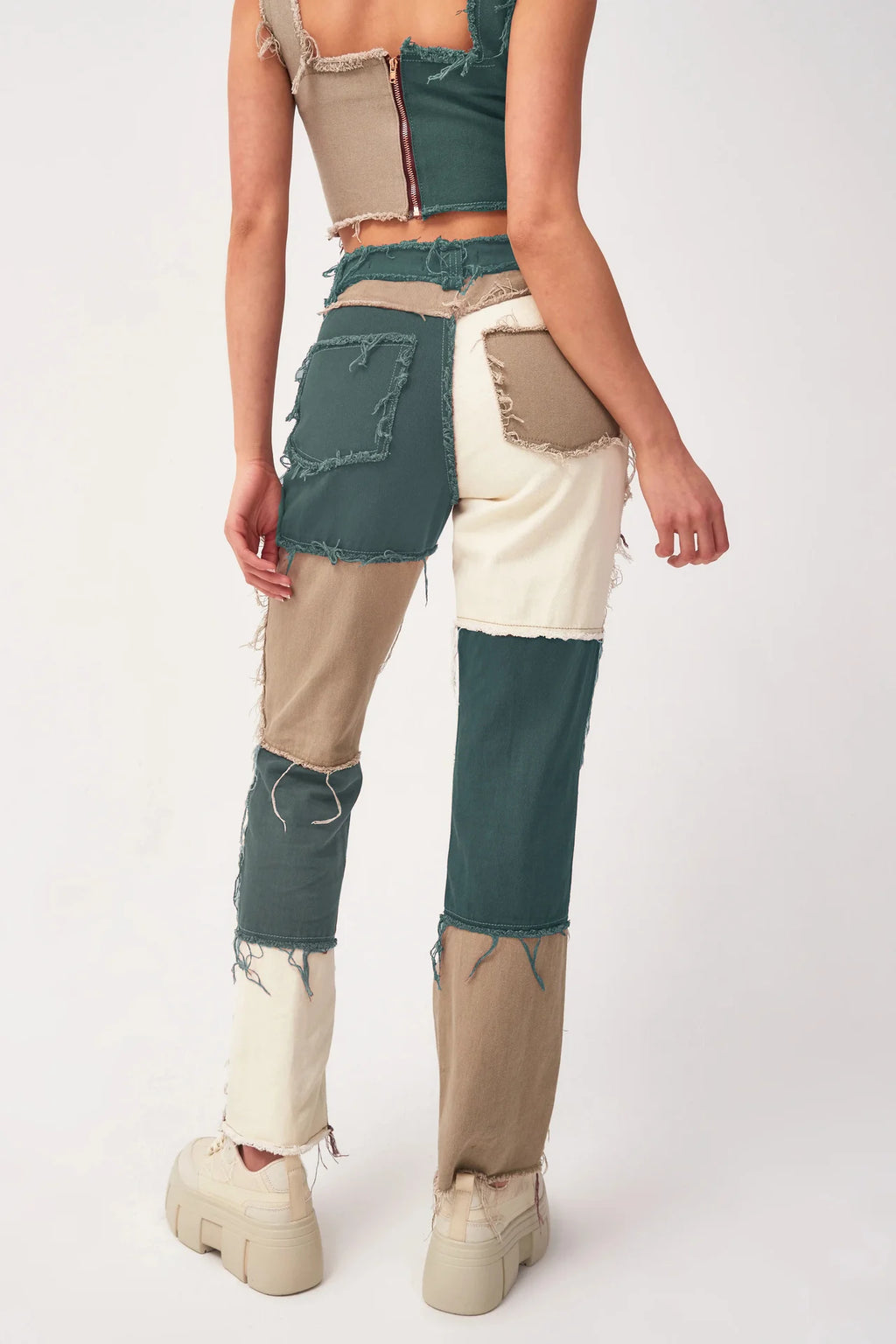 Slim Fit Straight Leg Mixed Panel Jeans Pants