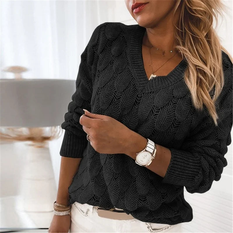 Knitted Sweater with Feathers and V-Neckline Long Sleeve