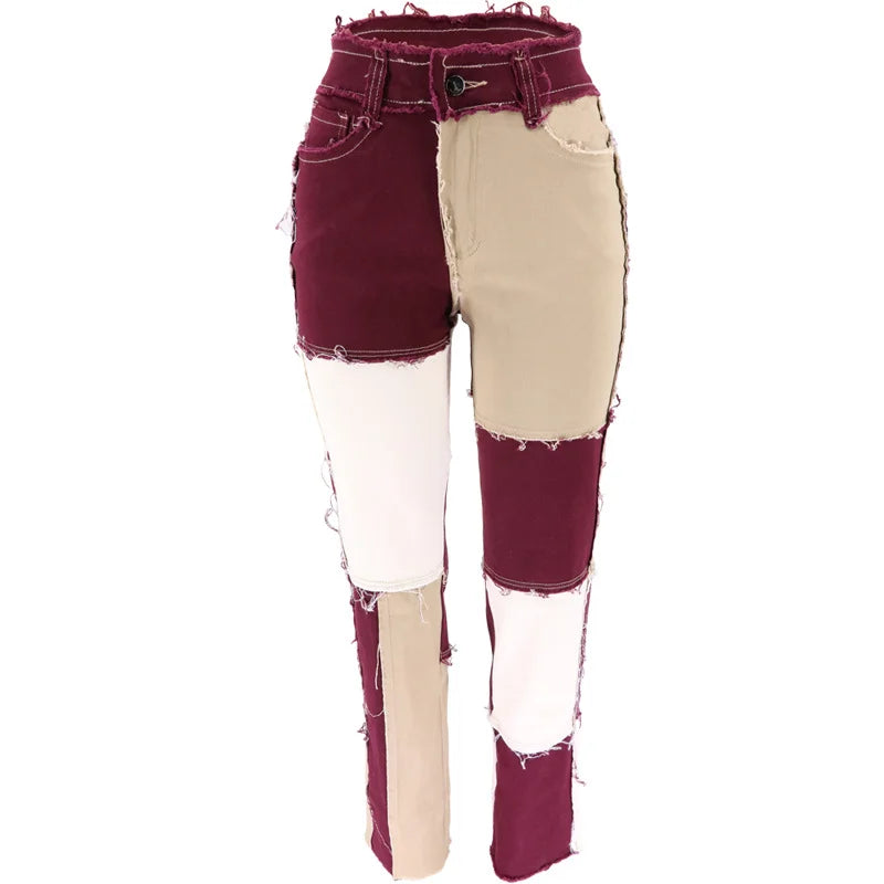Slim Fit Straight Leg Mixed Panel Jeans Pants