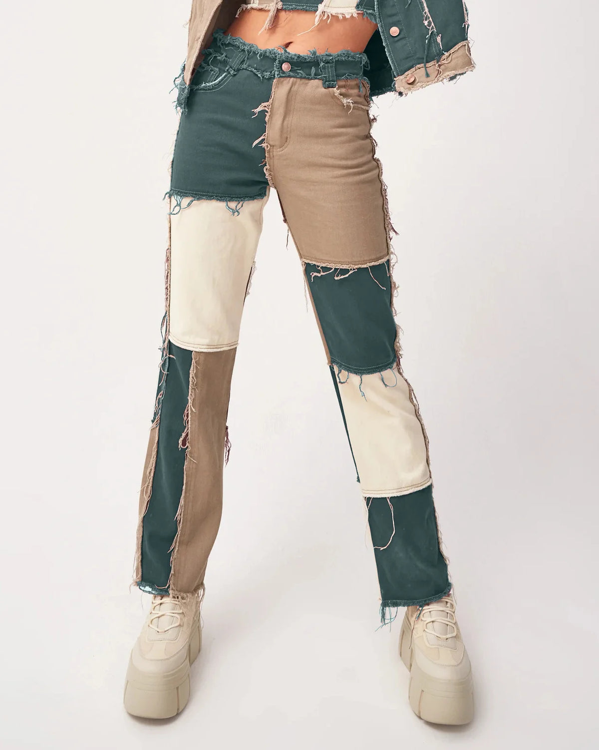 Slim Fit Straight Leg Mixed Panel Jeans Pants