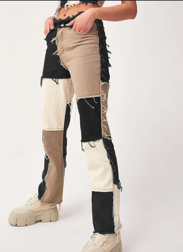 Slim Fit Straight Leg Mixed Panel Jeans Pants