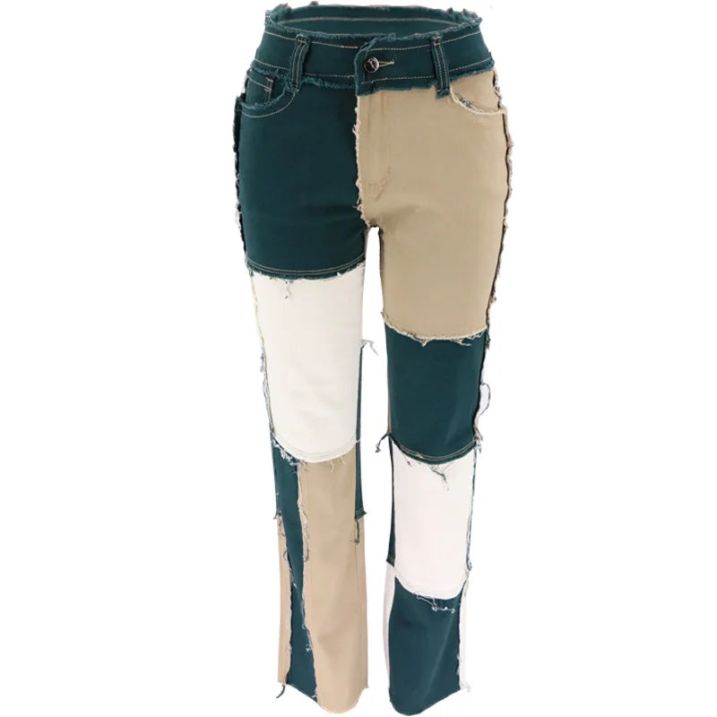 Slim Fit Straight Leg Mixed Panel Jeans Pants