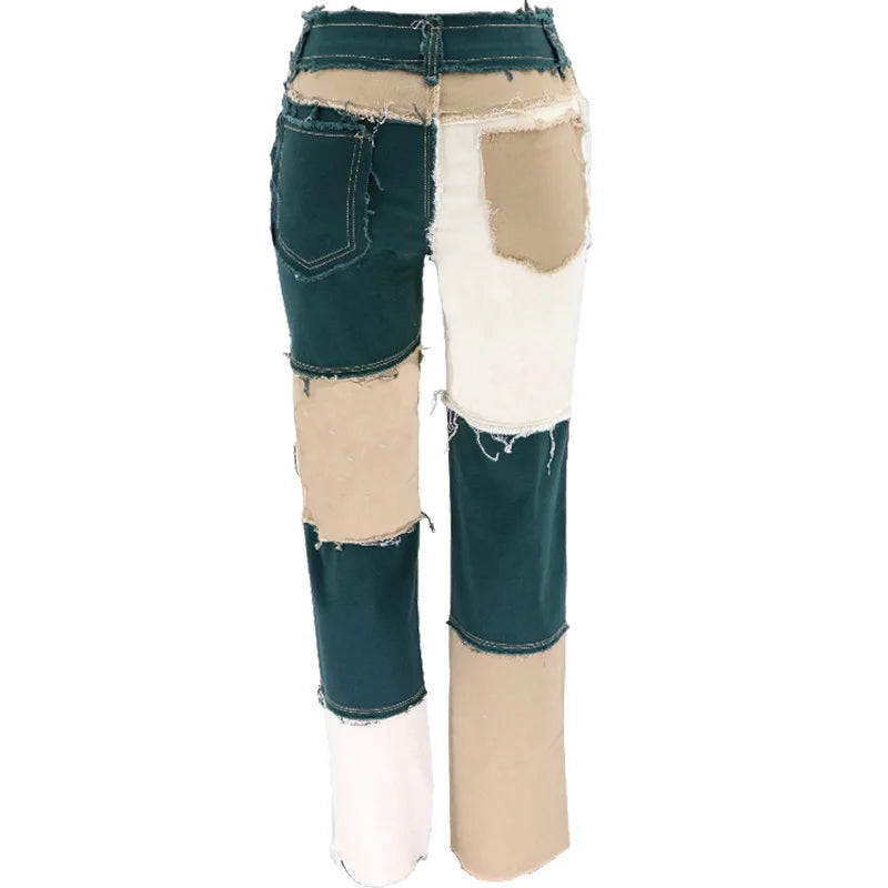 Slim Fit Straight Leg Mixed Panel Jeans Pants