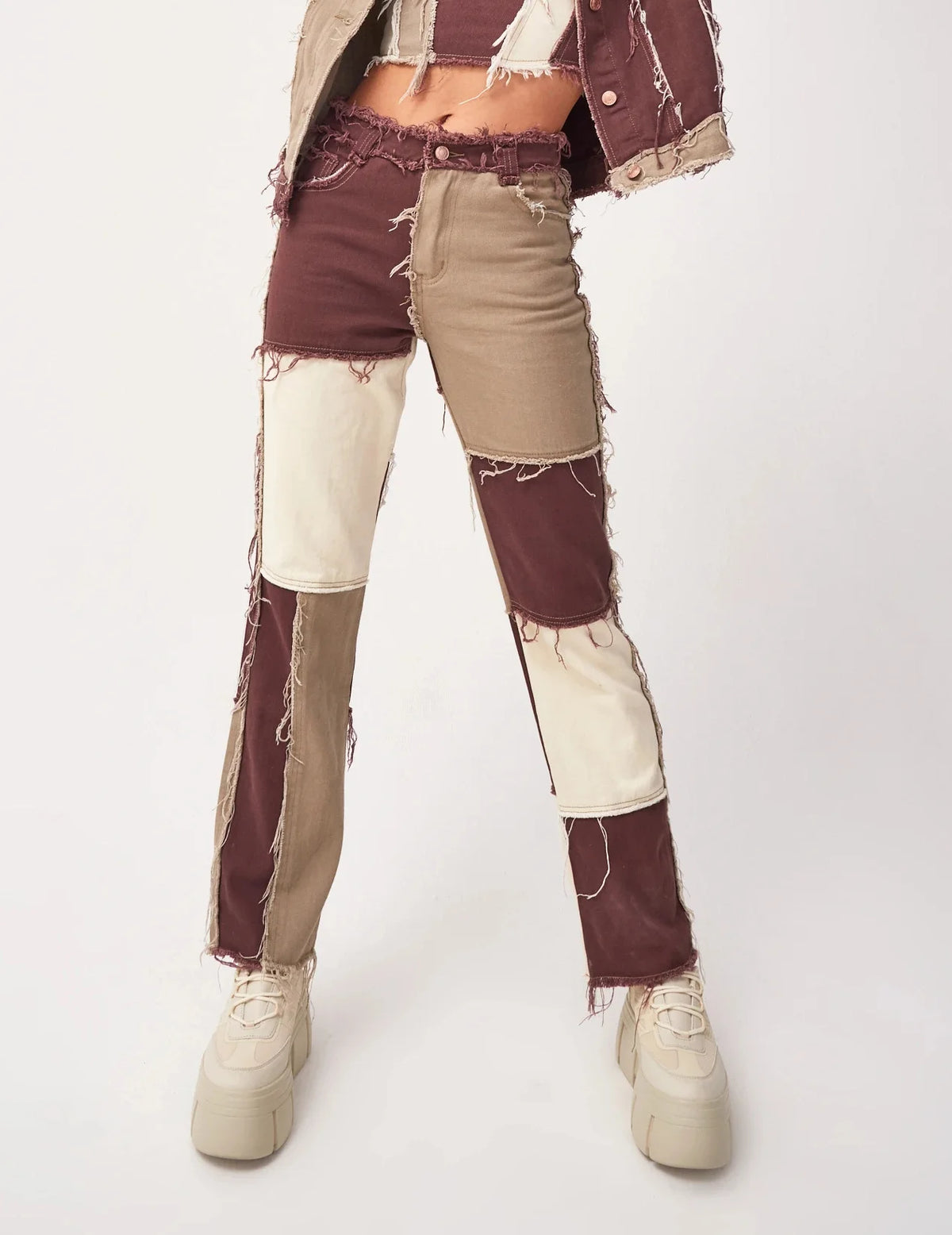 Slim Fit Straight Leg Mixed Panel Jeans Pants