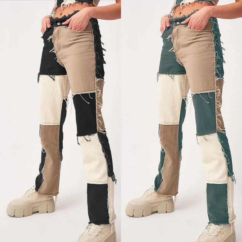 Slim Fit Straight Leg Mixed Panel Jeans Pants