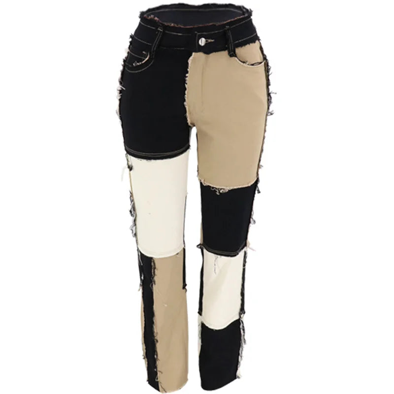 Slim Fit Straight Leg Mixed Panel Jeans Pants