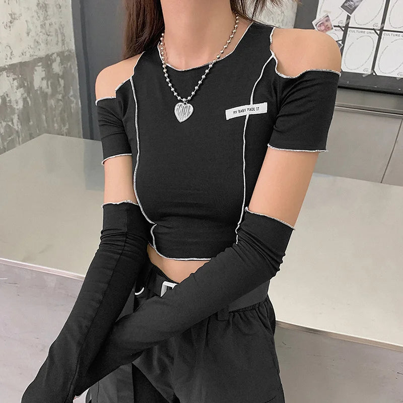 New Fashion Sticker Slim Round Neck Off The Shoulder Cropped T-Shirt For Women