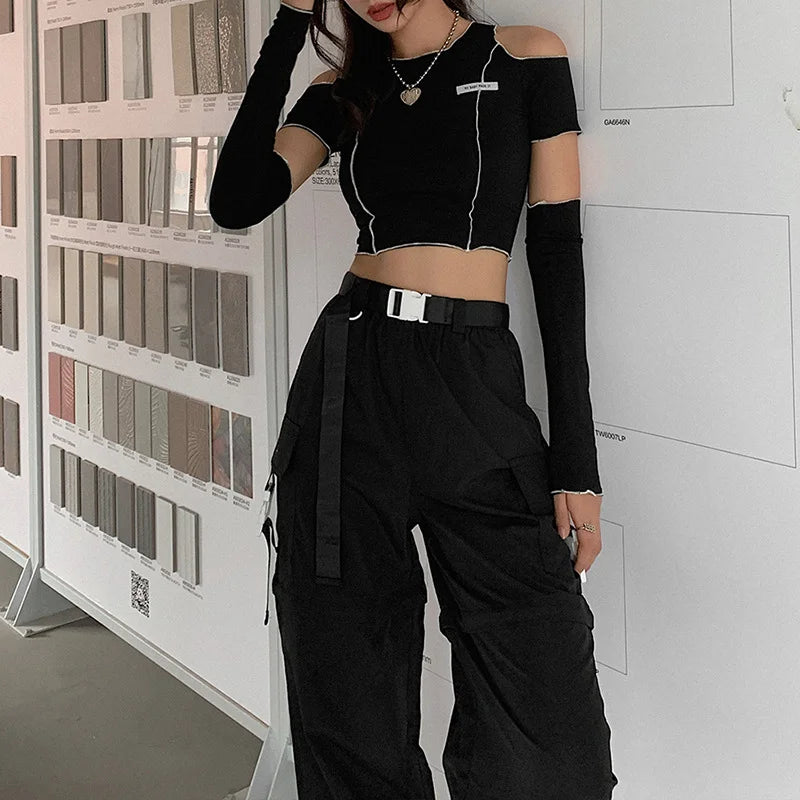 New Fashion Sticker Slim Round Neck Off The Shoulder Cropped T-Shirt For Women